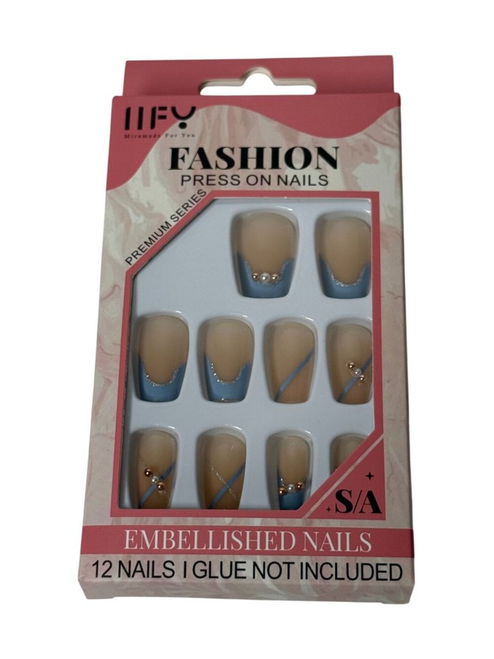 Press On Nails Nude Blue French Tip Embellished Short Square